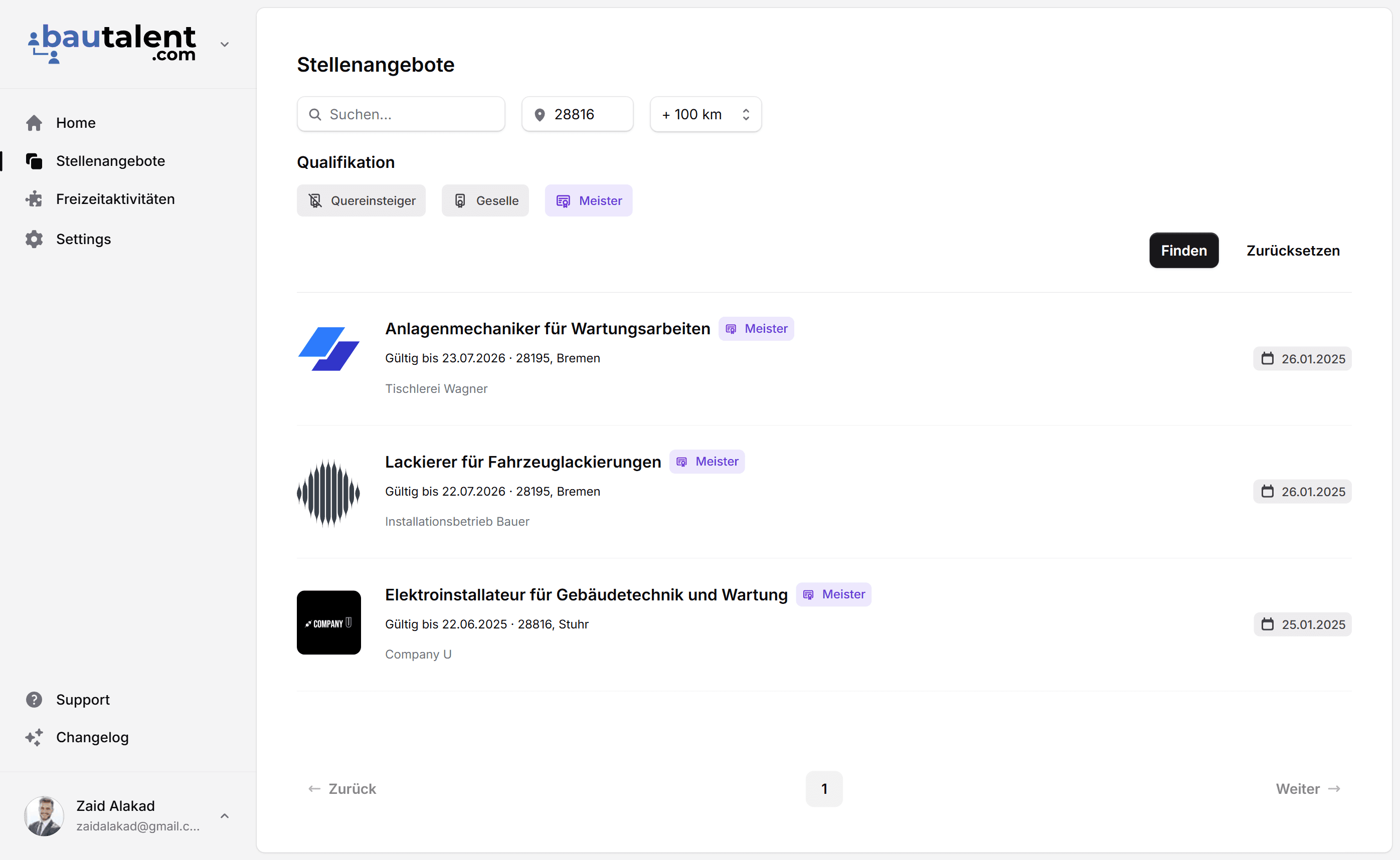 Job listings screenshot